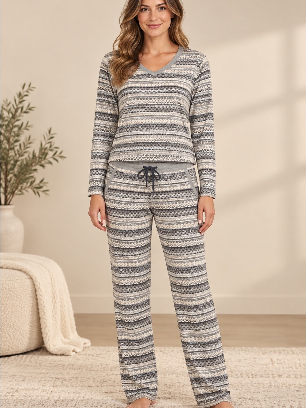 NWT Nautica Gray & Cream Fair Isle Long-Sleeve Pajama Set